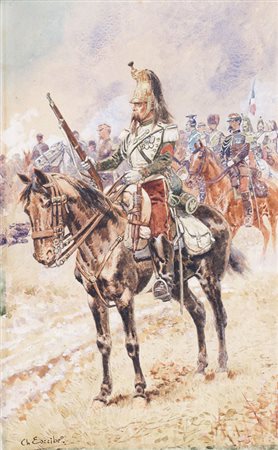 PITTORE DEL XX SECOLO Dragoni della guardiaacquerello su carta cm. 45x28,...