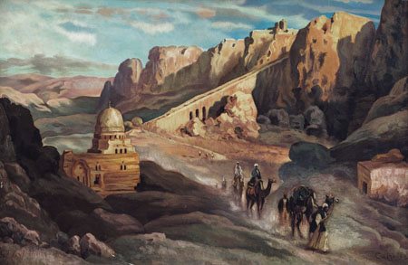 PITTORE DEL XX SECOLO Carovana di cammelliolio su tela cm. 52x80, reca la...