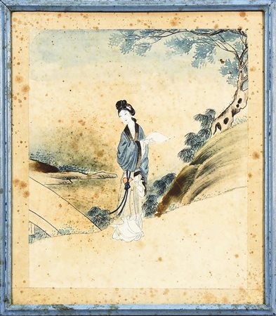 QUANIN XIX secolo - 19th Century acquerello su carta applicata a seta -...