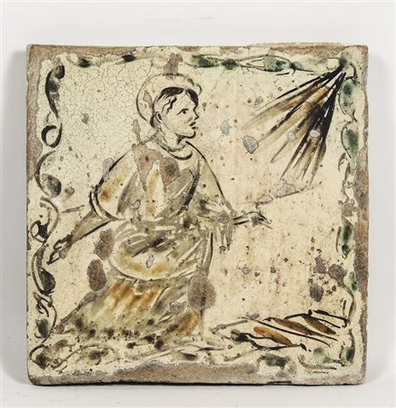 MATTONELLA IN TERRACOTTA SMALTATA - GLAZED TERRACOTTA TILE dipinta con figura...