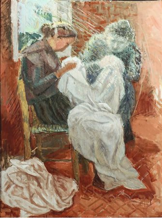QUINTO MARTINI (1908-1990) Le cucitrici - Embroiderers olio su tavoletta -...