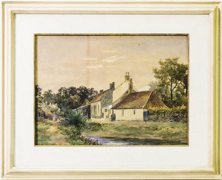 PAESAGGIO FLUVIALE CON CASE E CONTADINA - RIVER LANDSCAPE WITH HOUSES AND...