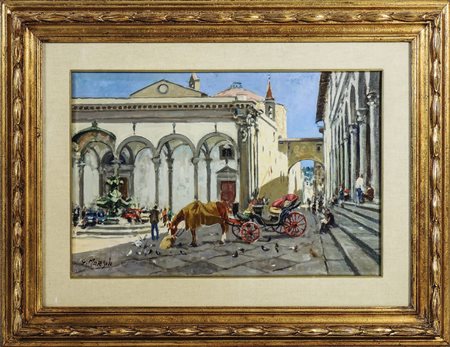 GRAZIANO MARSILI Piazza S.S. Annunziata - Florence View olio su tela - oil on...