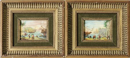 SCORCI DI PORTO CON PERSONAGGI - PORT VIEWS WITH FIGURES, coppia di miniature...