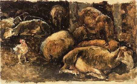 ALPHONS HOLLAENDER (1845-1923) Pecore nell'ovile - Sheeps olio su tavoletta -...