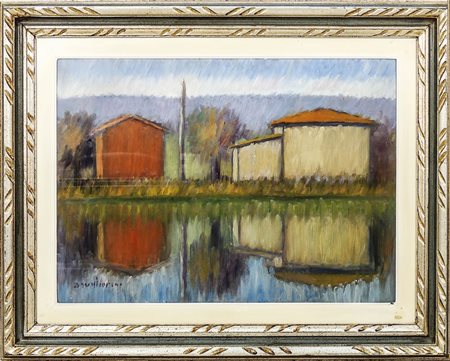 DINO MIGLIORINI (1907-2005) Paesaggio Sull'Arno - River Landscape olio su...
