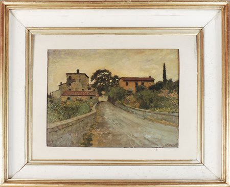 CARLO PASSIGLI (1881-1953) Scorcio di strada di campagna con case - Country...