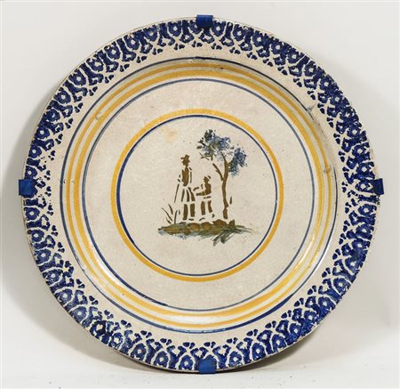 PIATTO DA PARATA IN MAIOLICA POPOLARE - PAINTED MAJOLICA PLATE dipinto con...