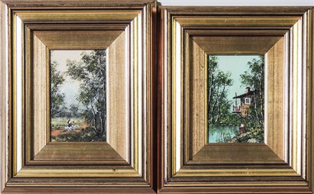 PAESAGGI CON PERSONAGGI - LANDSCAPES WITH FIGURES coppia di miniature dipinte...