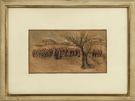 SCORCIO DI CITTÀ CON FIGURE - TOWN VIEW WITH FIGURES tecnica mista su carta -...