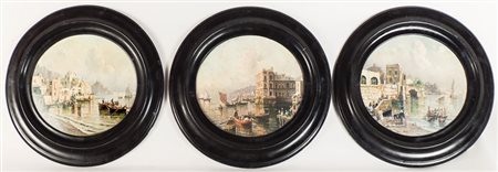 VEDUTE DI NAPOLI - NAPLES VIEWS serie di tre dipinti ad olio su cartone...