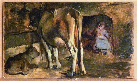 ALPHONS HOLLAENDER (1845-1923) Interno di stalla - Barn View olio su...