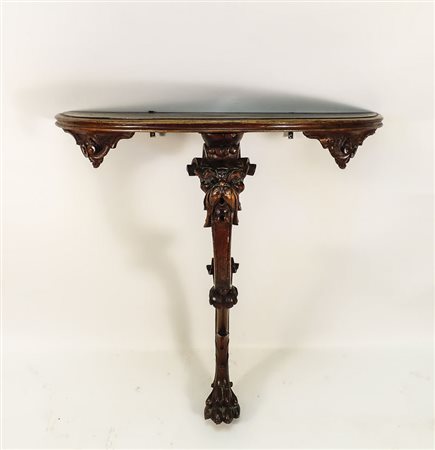 CONSOLE PENSILE IN NOCE - WALNUT CONSOLE piano a mezzaluna, sostegno a doppia...