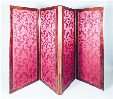 PARAVENTO IN MOGANO A QUATTRO ANTE - MAHOGANY FOUR FOLD SCREEN con inserti in...