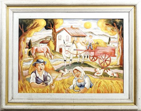 ROBERTO SGUANCI La mietitura - The Harvesting olio su cartone inciso,...