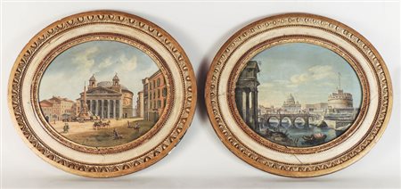 VEDUTE DI ROMA - ROME VIEWS coppia di gouaches su carta in ovale - a pair of...