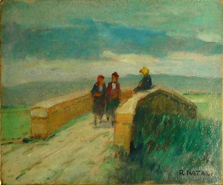 RENATO NATALI (1883-1979) Paesaggio con ponte e figure femminili - Landscape...