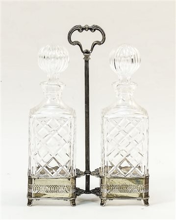 TANTALUS IN ARGENTO - SILVER TWO BOTTLE TANTALUS fascia traforata, presa...