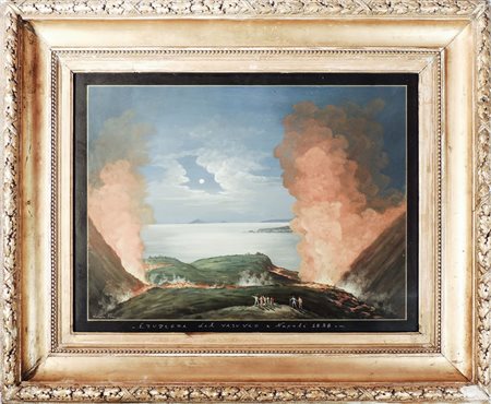 ERUZIONE DEL VESUVIO A NAPOLI - VESUVIO ERUPTION IN NAPLES gouache su carta -...