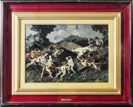CARLO DOMENICI (1898-1981) Caccia al cinghiale - Boar Hunting olio su...