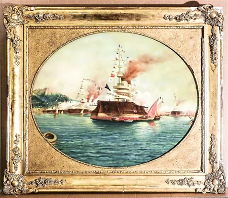 MARINA CON BARCHE - SEASCAPE WITH SHIPS olio su tela in ovale - oil on oval...