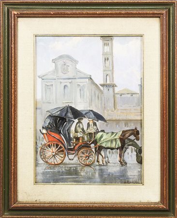 GRACCO PONTICELLI (1908-1980) Carrozzelle sotto la pioggia in Piazza...