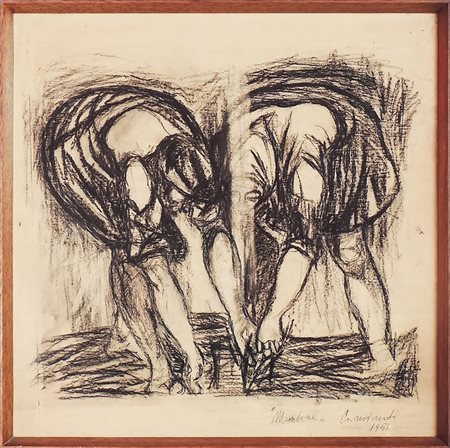AURELIO CAMINATI MONDINE 1951 - RICE-PICKERS carboncino su carta - charcoal...