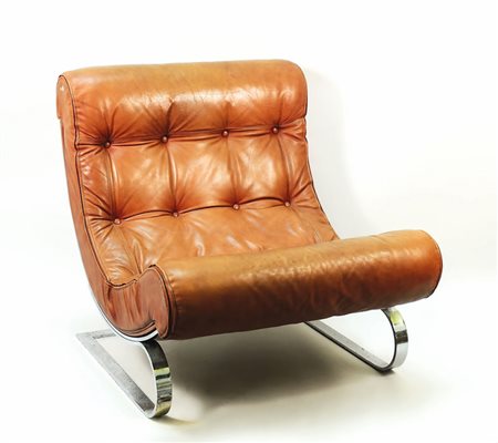 POLTRONA IN PELLE E ACCIAIO CROMATO - LEATHER AND CHROME STEEL CHAIR Anni...