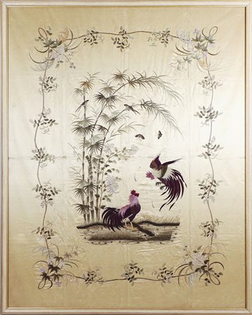 GRANDE PANNELLO CINESE IN SETA - LARGE CHINESE SILK EMBROIDERY PANEL...