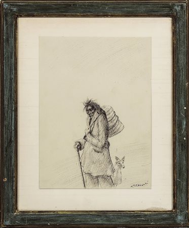 NINO TIRINNANZI (1923-2002) Viandante con cane - Traveller with dog penna su...
