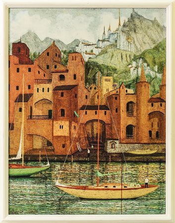 ALBERTO GUERRI (attivo nel XX secolo) Paesaggio marino con case e barche...