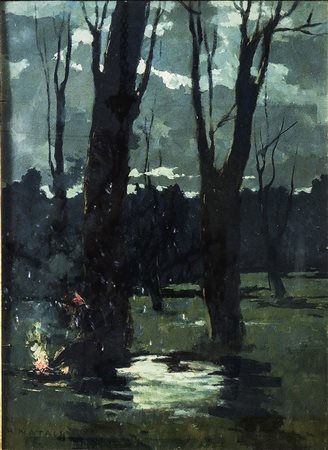 RENATO NATALI (1883-1979) Notturno nel bosco - Night in the Woods olio su...