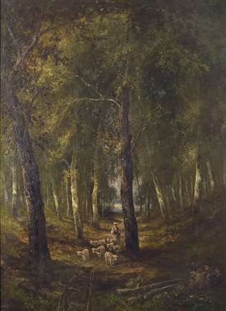 Anonimo del XIX sec. PASTORELLA CON GREGGE olio su tela, 112,5x86,5