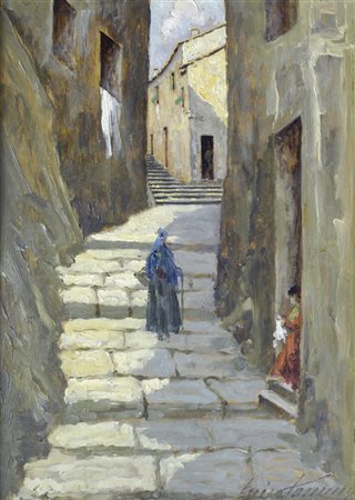 Gino Tommasi (Livorno, 1880 - 1942) GENTE NEL VICOLO olio su tavola, cm. 33x24