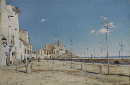 Anonimo del XIX sec. VEDUTA DI MENTONE Olio su tela, cm. 29x48