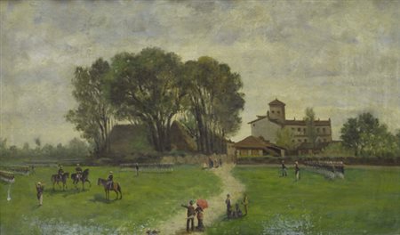 Scuola Europea XIX sec. ESERCITAZIONI MILITARI Olio su tela, cm. 29,5x45