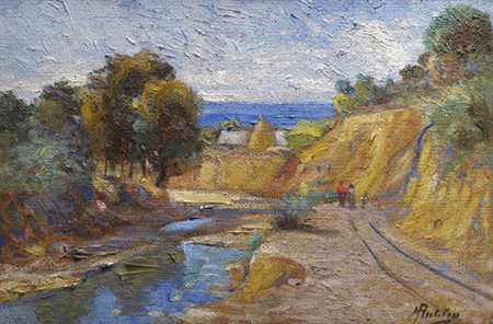 Rutilio Muti (Vicchio di Mugello, 1904 - 1995) PAESAGGIO CON LAGO Olio su...
