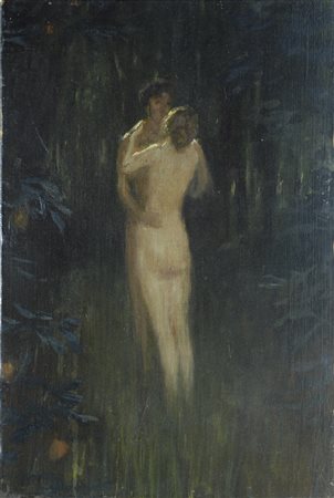 Scuola Europea XIX sec. L’ABBRACCIO Olio su tela, cm. 41x28