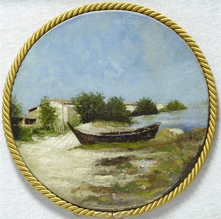 Luigi Lombardi (Brescia, 1853 - 1940) BARCA IN SECCA olio su tela, cm. diam. 25