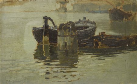 Cerchia di Pietro Fragiacomo BARCA ALLA FONDA Olio su cartone, cm. 24,5x39,5...