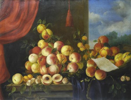 Anonimo del XIX sec. PESCHE Olio su tela, cm. 77,5x100 Siglato in basso a...