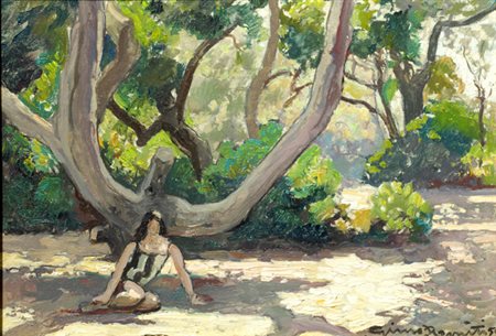 Gino Romiti (Livorno, 1881 - 1967) AL SOLE IN PINETA, 1959 Olio su faesite,...