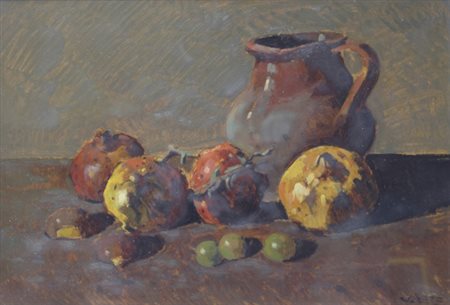 Angiolo Volpe (Livorno, 1943) MELAGRANE Olio su faesite, cm. 34,5x50 Firma in...