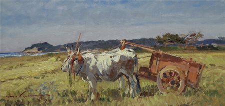 Masaniello Luschi (Livorno, 1942 - 1995) BUOI Olio su tela, cm. 30x60 Firma...