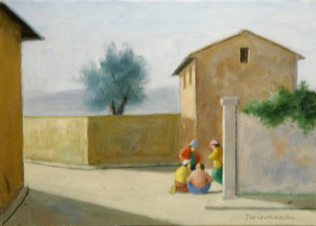 Nino Tirinnanzi (Greve in Chianti, 1923 - 2002) GIOCATORI DI TOPPA Olio...