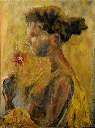 Silvio Loffredo (Parigi, 1920) DONNA CON FIORE, 1951 Olio su compensato, cm....