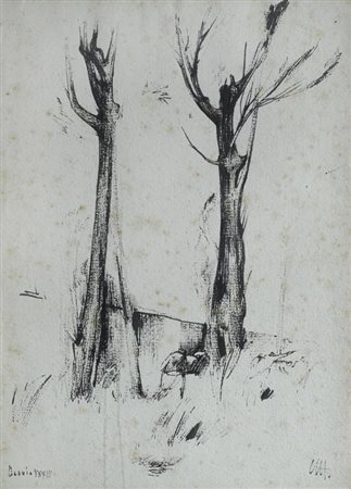 Pietro Annigoni (Milano, 1910 - Firenze, 1988) ALBERI E FIGURE, 1933 China su...