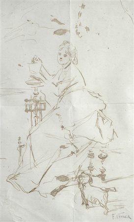 Francesco Vinea (Forli’, 1845 - Firenze, 1902) DAMA CON CAGNOLINO China su...