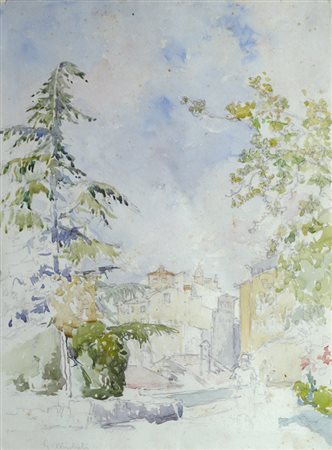 Guglielmo Micheli (Livorno, 1862 - 1926) PAESE Tempera su carta, cm....