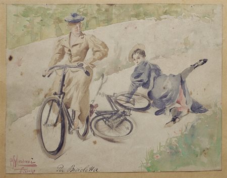 Pompeo Massani (Firenze, 1850 - 1920) LA CADUTA Acquerello su carta, cm....